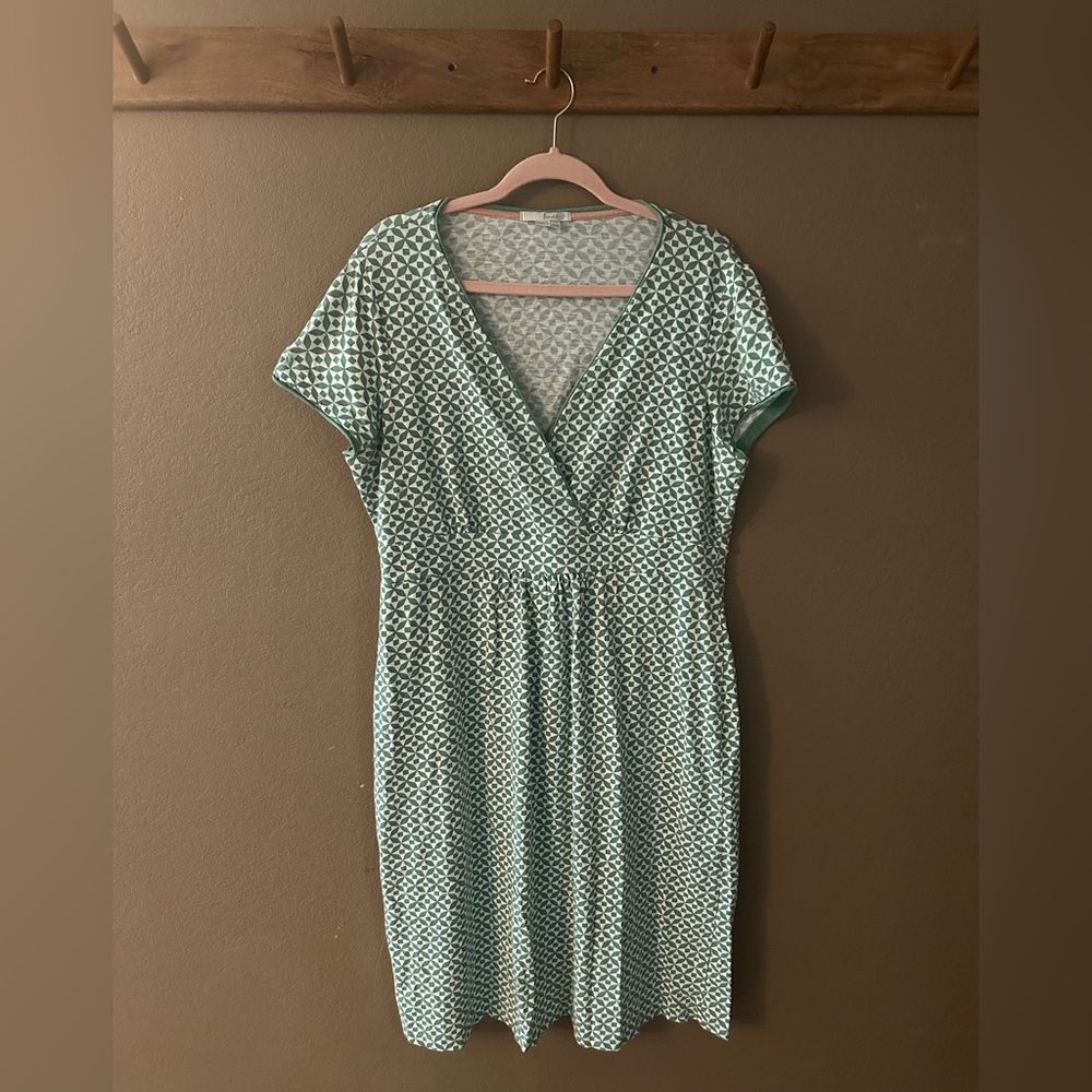 Boden Lola Faux Wrap Jersey Knit Summer Dress Green Geometric Print Size 12R
